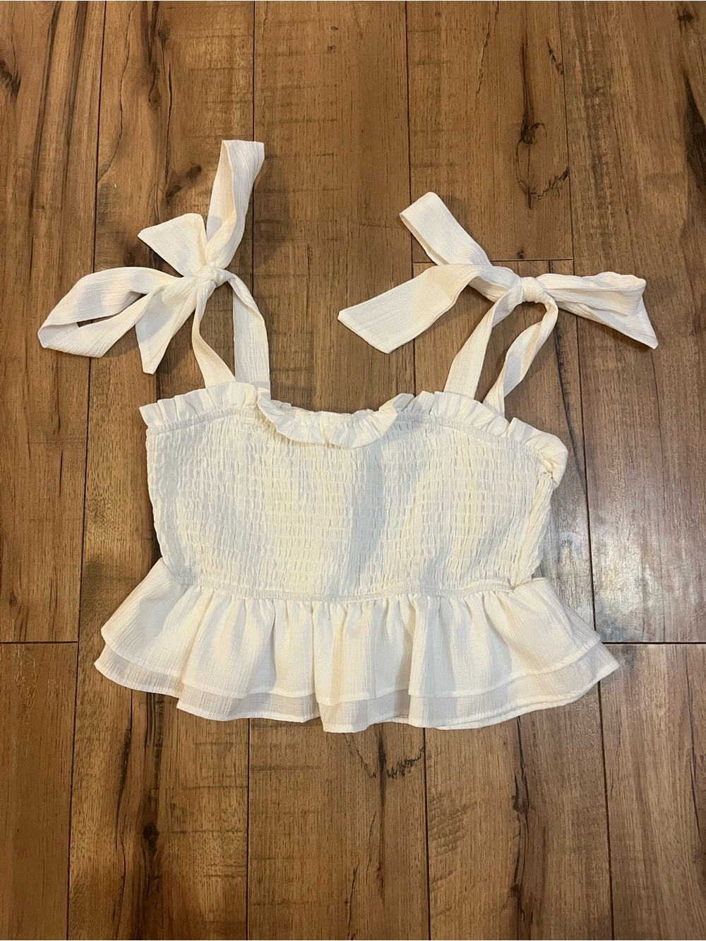 White Tie-Shoulder Smocked Peplum Crop Top